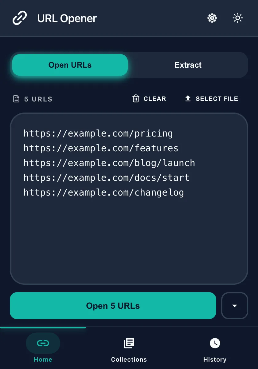 Multiple URL Opener side panel in dark theme with five links pasted and an Open 5 URLs button