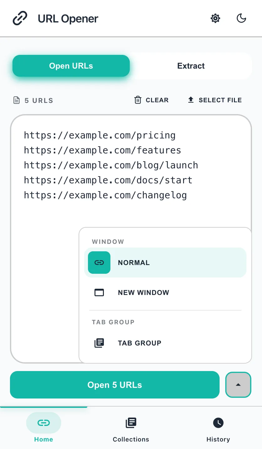 The open mode menu next to the Open button, with Normal, New Window and Tab Group