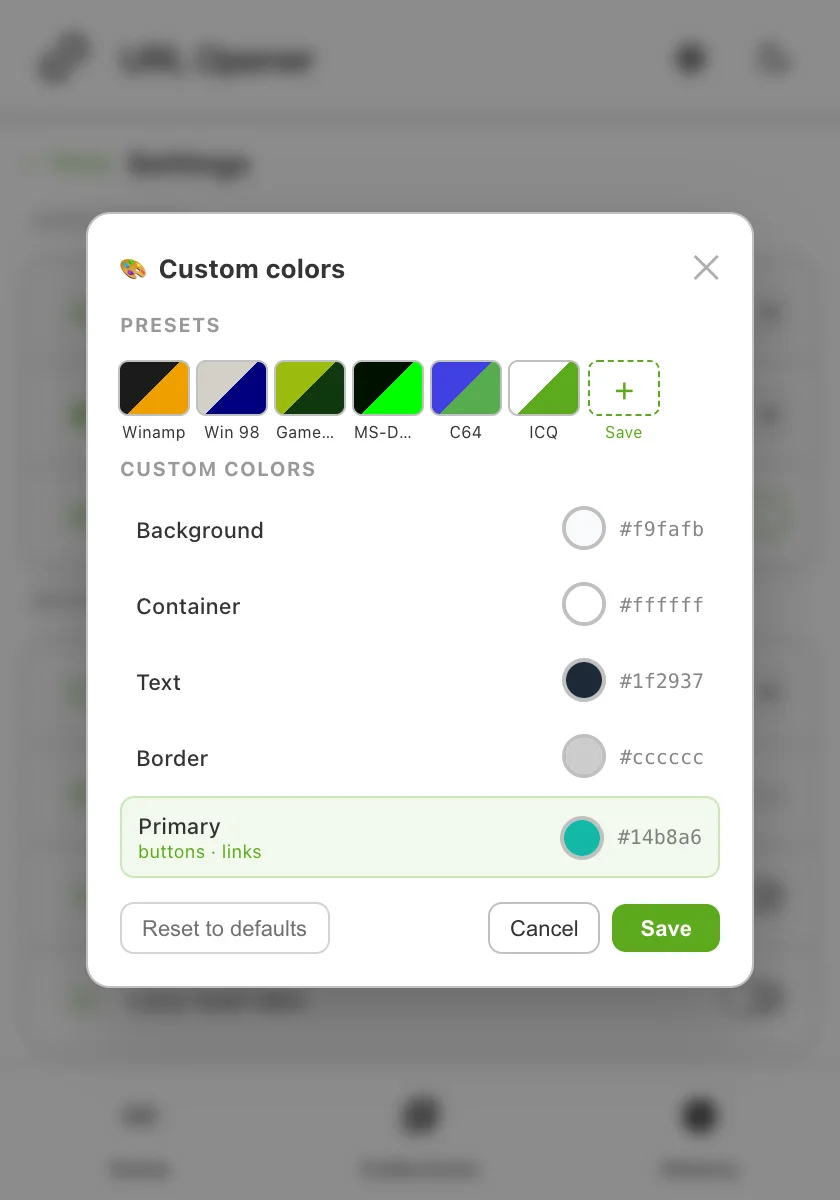 The Custom colors window with six presets and the Background, Container, Text, Border and Primary color settings