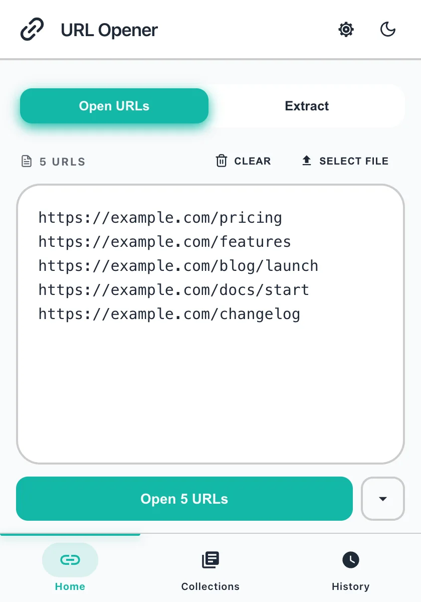 Multiple URL Opener panel in the Light theme with five links pasted